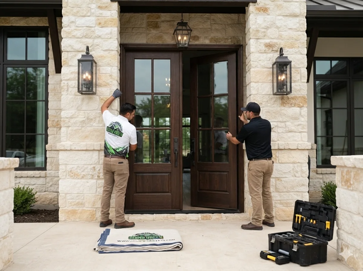 Going Green Concepts installers replacing an entry door with drop cloths protecting the floor