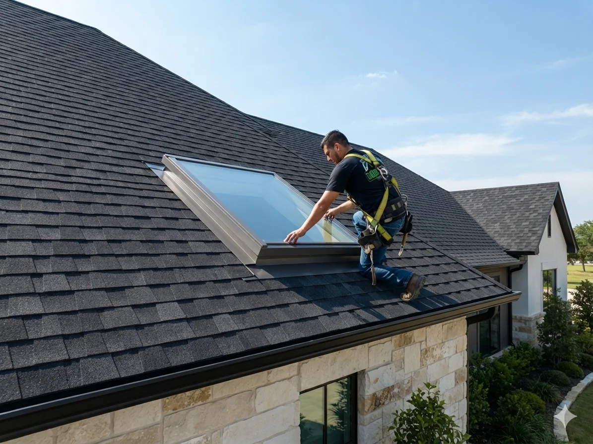 Going Green Concepts installer replacing a skylight on a DFW roof